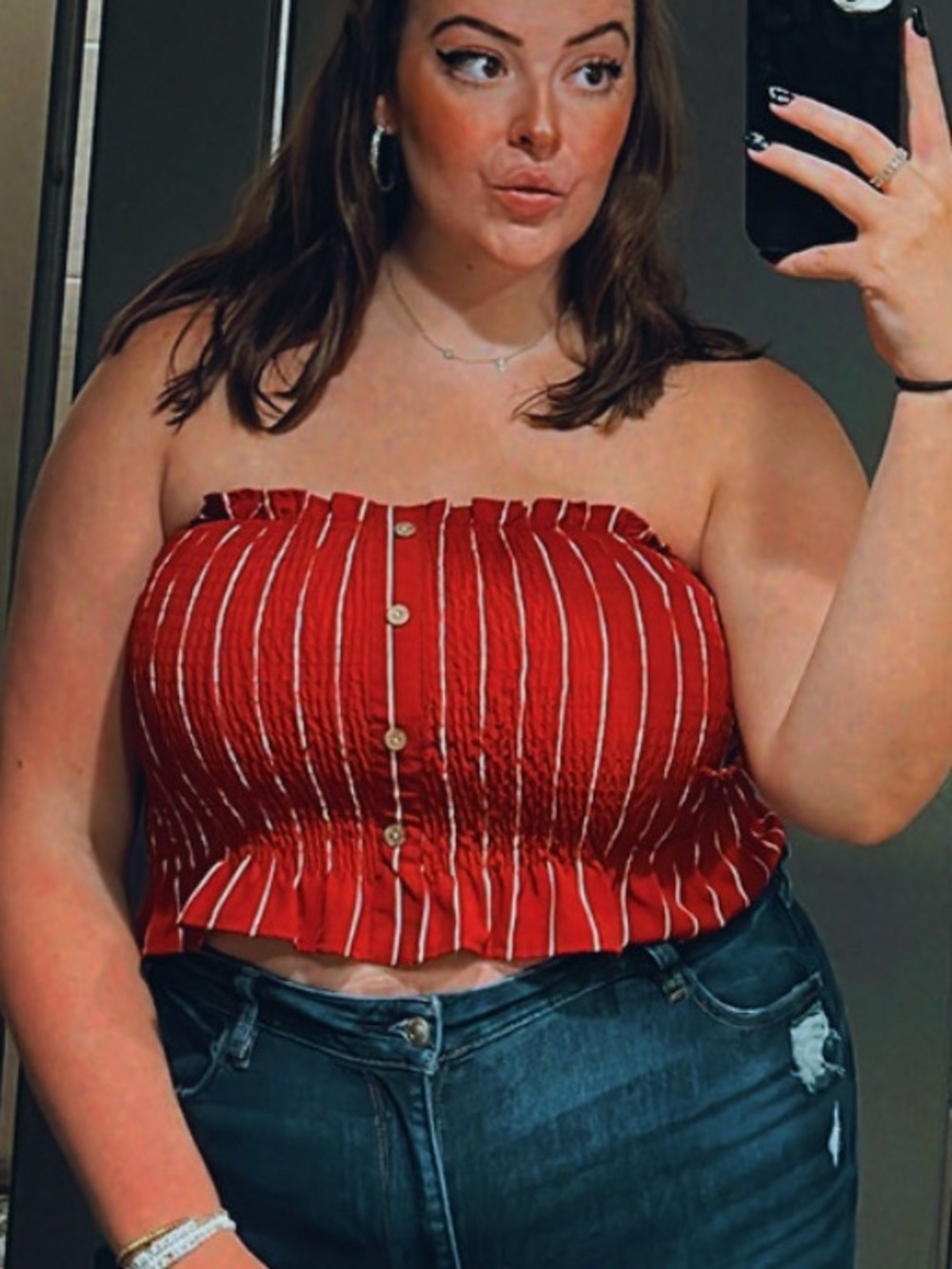 SHEIN Red Striped Strapless Smocked Button-Front Tank Top